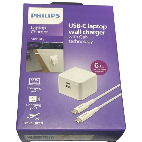 Philips 67.5W GaN USB-C PD Wall Charger + 6ft Cable, Dual Port, BOX WEAR See Pic - Picture 6 of 7